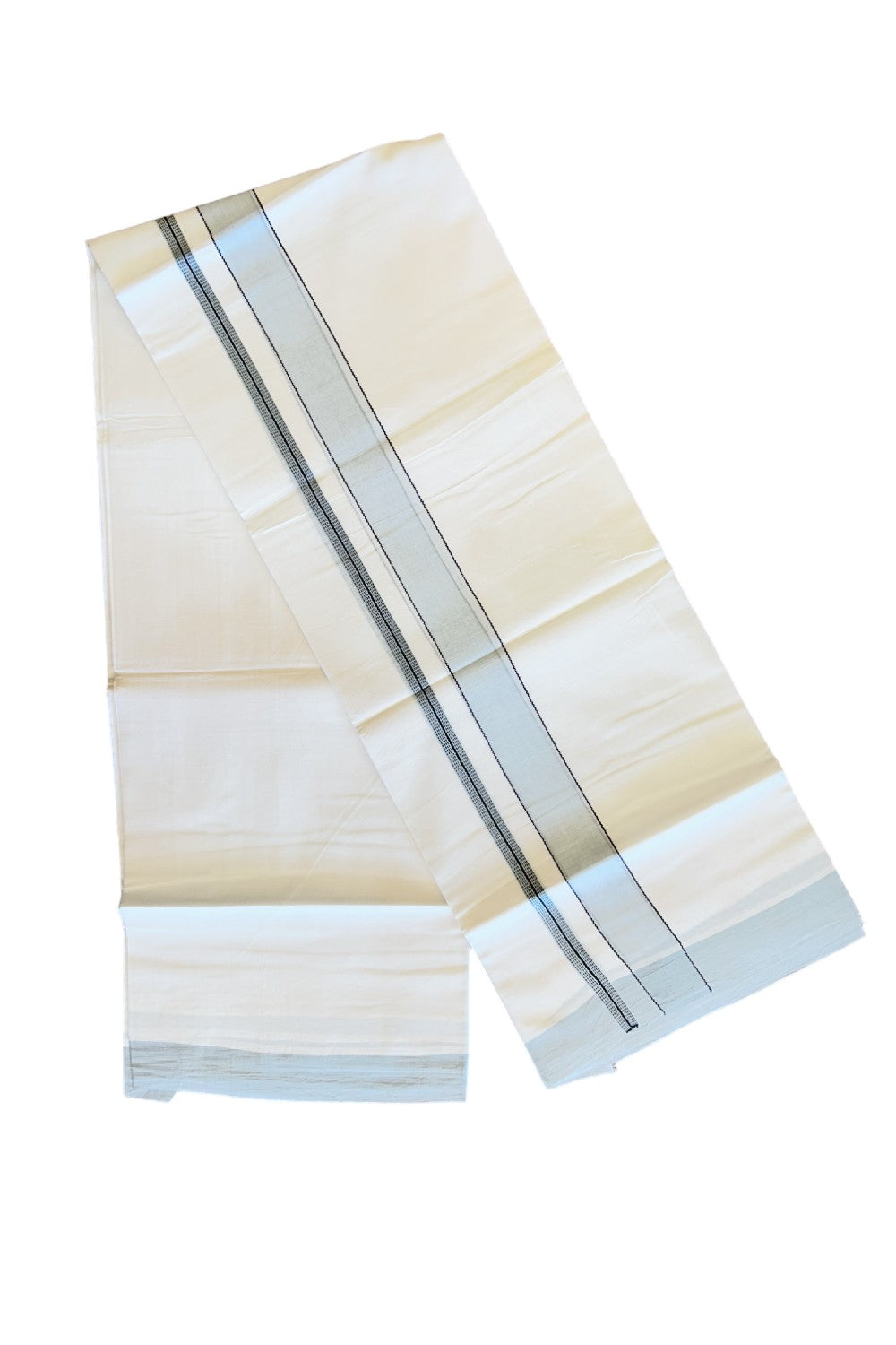 21% DISCOUNT!! Kaitharikada Balaramapuram 100% Cotton Ultra WHITE Double Mundu/Dothi-100x80  2.5 Inch LIGHT BLUE & BLACK Striped Cotton Kara -67KK73VAS.