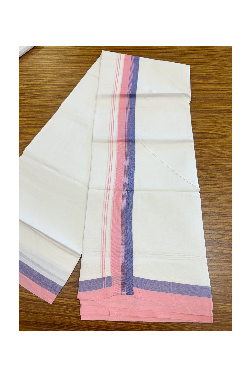 20% Discount ! Kaitharikada Balaramapuram 100% Cotton PURE WHITE Double Mundu/Dothi - 100x80 - 1.5 inch Violet & Pink Striped Kara - 67KK5182VAS