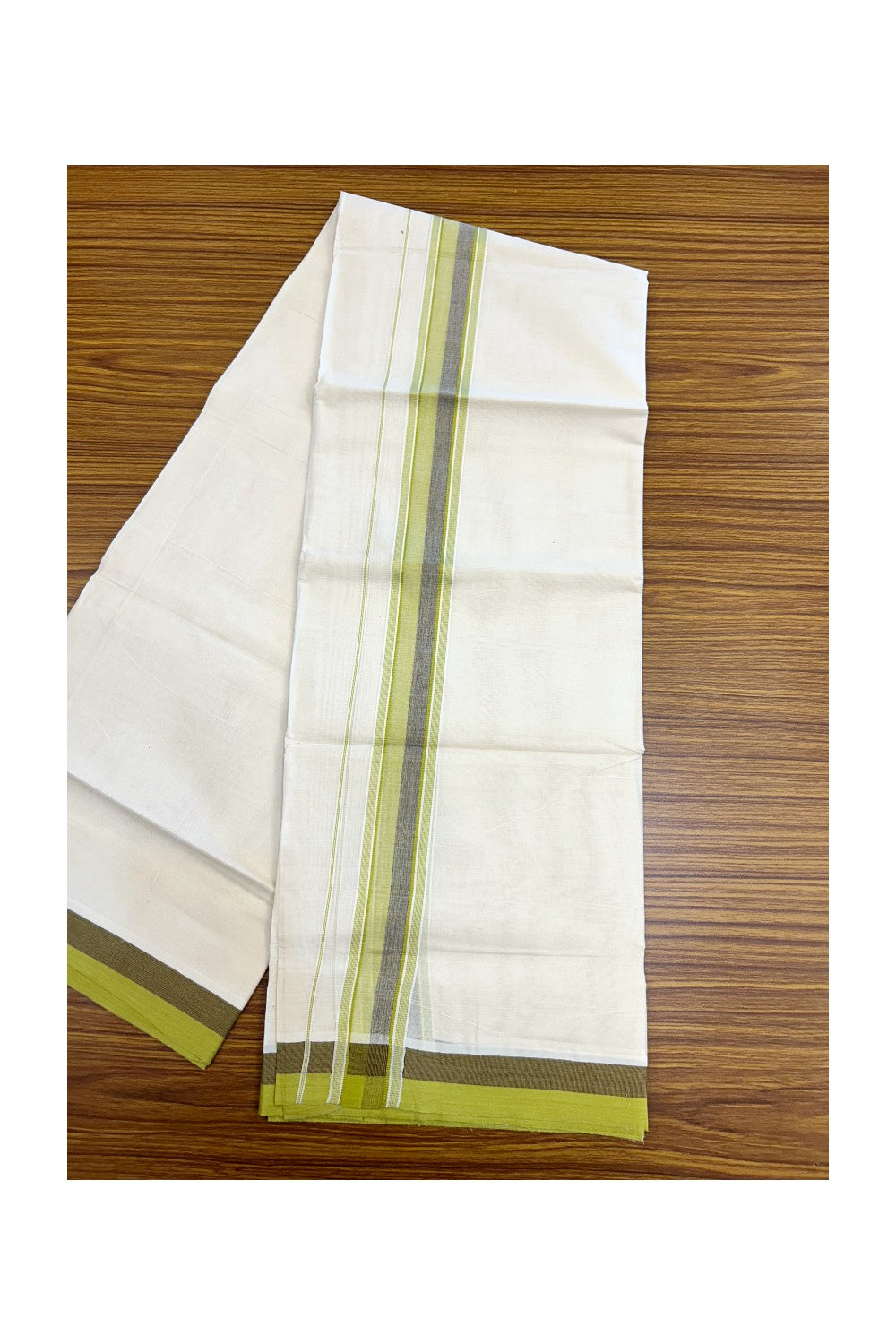 20% DISCOUNT!! KaithariKada Balaramapuram 100%  Cotton OFF WHITE Double - (Unbleached) Mundu/Dhoti - 100X80 - 1.75 inch Light Olive Green & Brown Shaded Kara with Side Stripes - 67KK5213 VIN