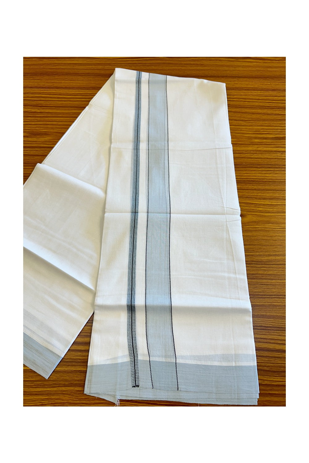 21% DISCOUNT!! Kaitharikada Balaramapuram 100% Cotton Ultra WHITE Double Mundu/Dothi-100x80  2.5 Inch LIGHT BLUE & BLACK Striped Cotton Kara -67KK73VAS.