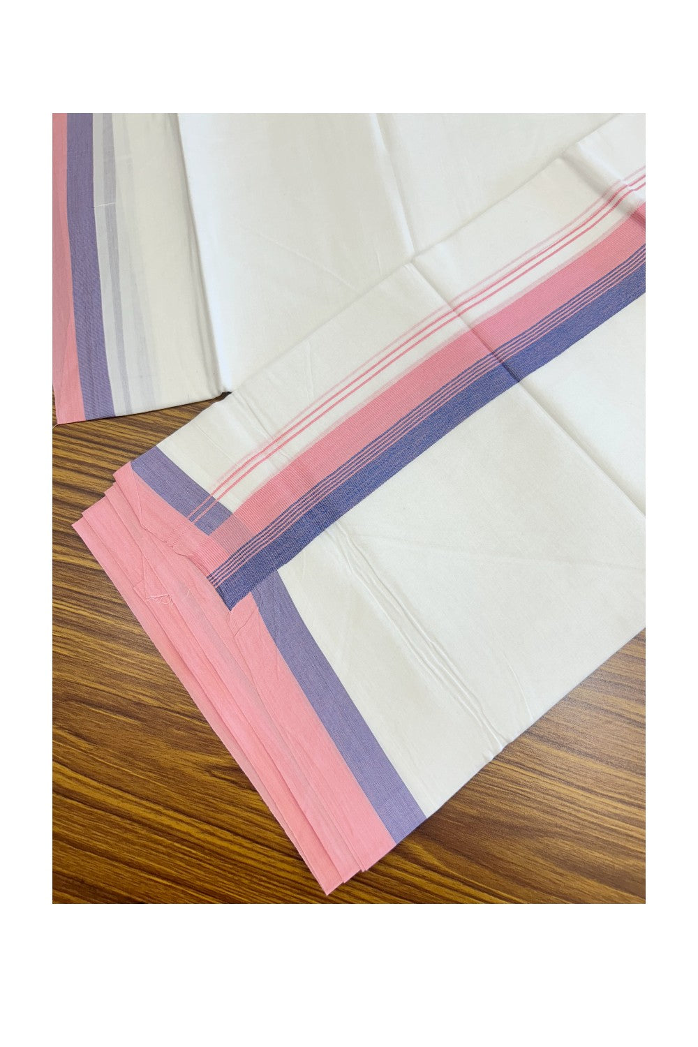 20% Discount ! Kaitharikada Balaramapuram 100% Cotton PURE WHITE Double Mundu/Dothi - 100x80 - 1.5 inch Violet & Pink Striped Kara - 67KK5182VAS