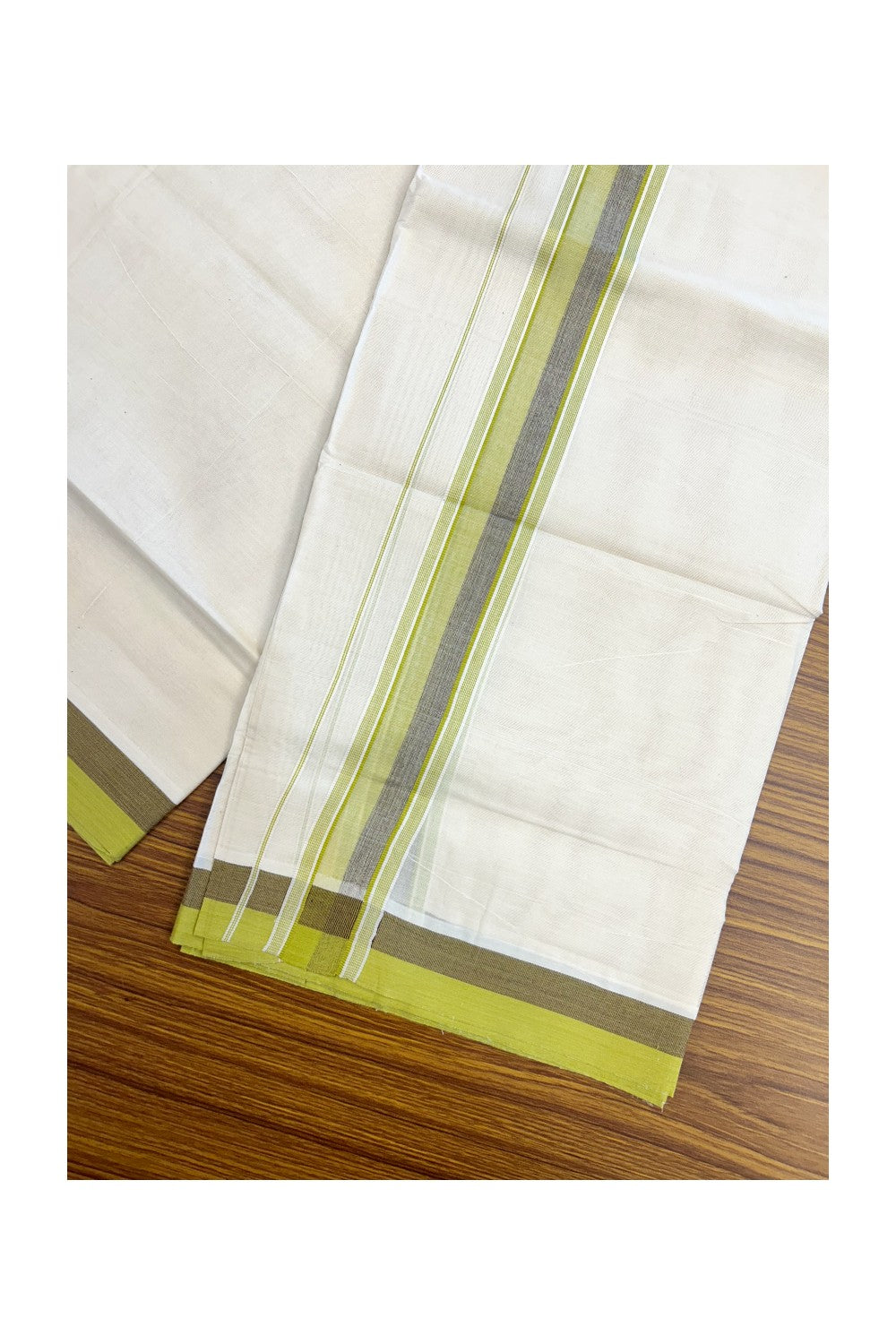 20% DISCOUNT!! KaithariKada Balaramapuram 100%  Cotton OFF WHITE Double - (Unbleached) Mundu/Dhoti - 100X80 - 1.75 inch Light Olive Green & Brown Shaded Kara with Side Stripes - 67KK5213 VIN