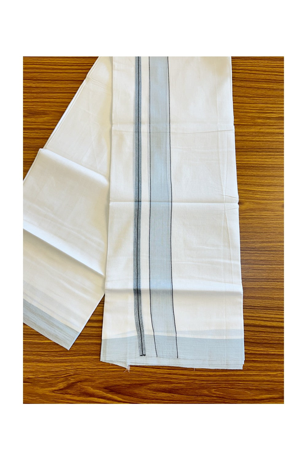 21% DISCOUNT!! Kaitharikada Balaramapuram 100% Cotton Ultra WHITE Double Mundu/Dothi-100x80  2.5 Inch LIGHT BLUE & BLACK Striped Cotton Kara -67KK73VAS.