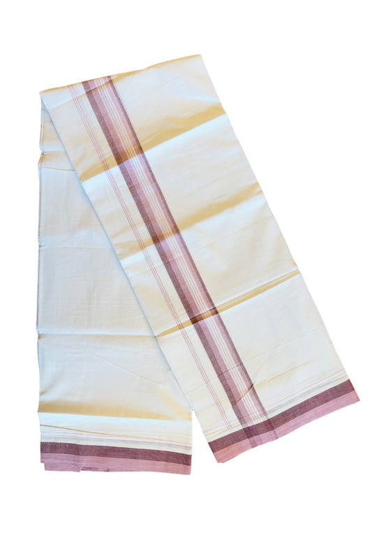 19% DISCOUNT!!! KaithariKada Balaramapuram 100% Cotton PURE white Double Mundu/Dhoti-100x100   2.25 Inch Pink & maroon shades with striped kara  - 68KK83VIN