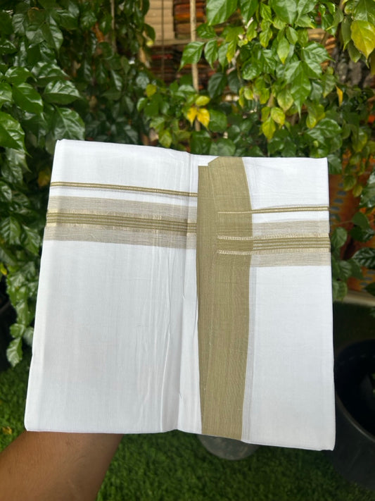 4.5 Meters (10 Muzham) - Pure white double 20% Discount ! KaithariKada Balaramapuram - 100% Pure Cotton 100x80 - Mundu/Dothi - 1.75 inch Sage Green Shaded Silver Kasav Kara  - 69 KK5258 THI