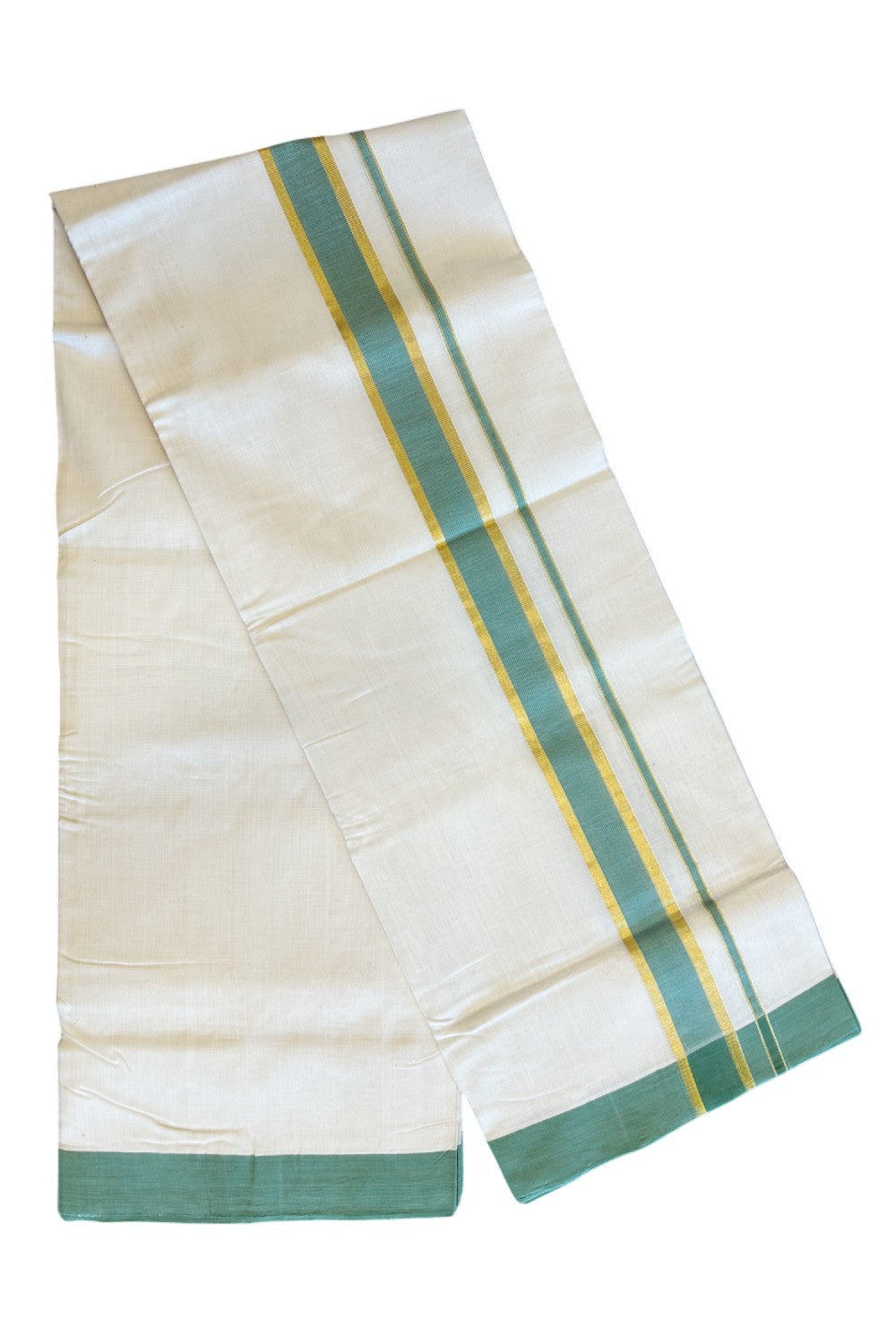 30% Discount KaithariKada HANDLOOM Unakkupaav Balaramapuram - 100% PURE Cotton Off White (Unbleached) Double Mundu/Dhoti - 2.5 inch Kasavu & Blue Green Stripes-212