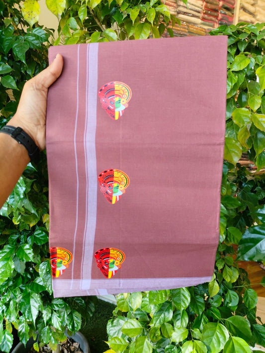 9% Discount !! Kaitharikada Pure Cotton - Single Kaily / Lungi - (40s) - 0.5 inch Theyyam Kadhakali Printed Design kara with Redwood colour body (2 meter / 4 muzham) - 7 KK8028 GAN