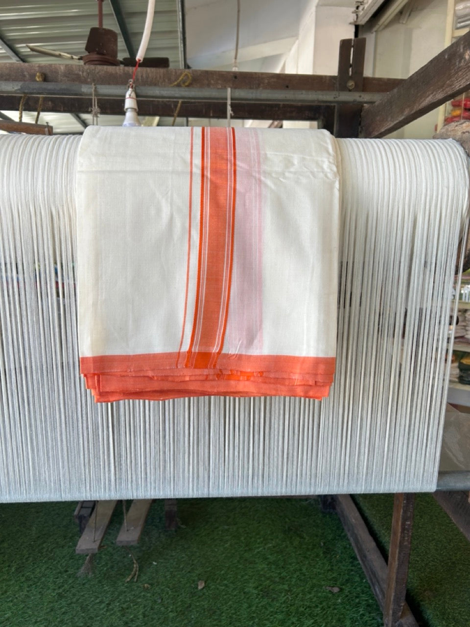 PREMIUM HANDLOOM-20% DISCOUNT! KaithariKada  Cotton OFF White - 100x80 thread-  NORTH INDIAN ATTACHED GAMCHA - 9X5 & 10X6 muzham Dhoti - 1.5 inch Orange Border - 7KK5223VEL
