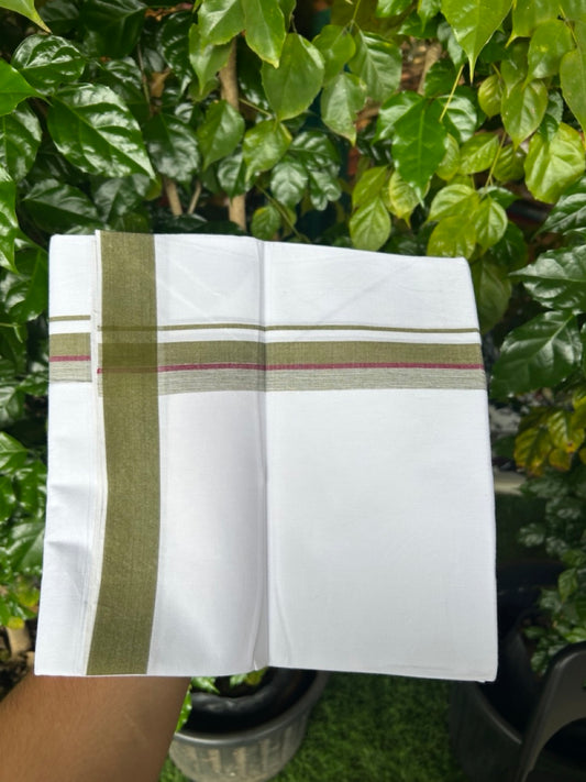 24% Discount !! KaithariKada Balaramapuram 100% Cotton Pure white Single Mundu/Dhoti - Twisted 60s Thread- 1 inch Olive Green & Purple Shaded Kara (2 meter / 4 muzham) - 7KK5241 GL