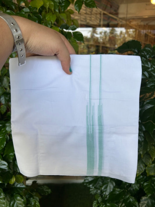 20% DISCOUNT!! NEW!! KaithariKada Balaramapuram 100% Cotton PURE WHITE Double Mundu/Dhoti - (100x80)s - 0.75 inch Turquoise Line chutty - 7 KK5249 VIN