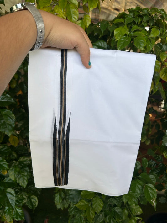 37% Discount ! NEW! KaithariKada Balaramapuram 100% Cotton Pure white Double Mundu/Dhoti - (100x80)s - Heavy Chutty Black Sand Brown Stripes - 7 KK5252 CKS