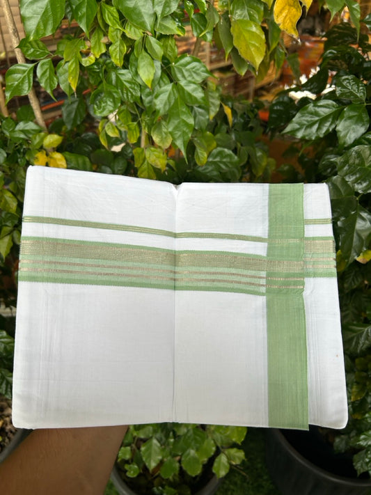 Short Dhoti Special - 28% Discount ! KaithariKada 100% Cotton Pure White Double Mundu / Dhoti - 100x80 - 45 inch Height 3.80 m Length  1.5 inch Light Green Silver Kasav kara - 7 KK5258 THI