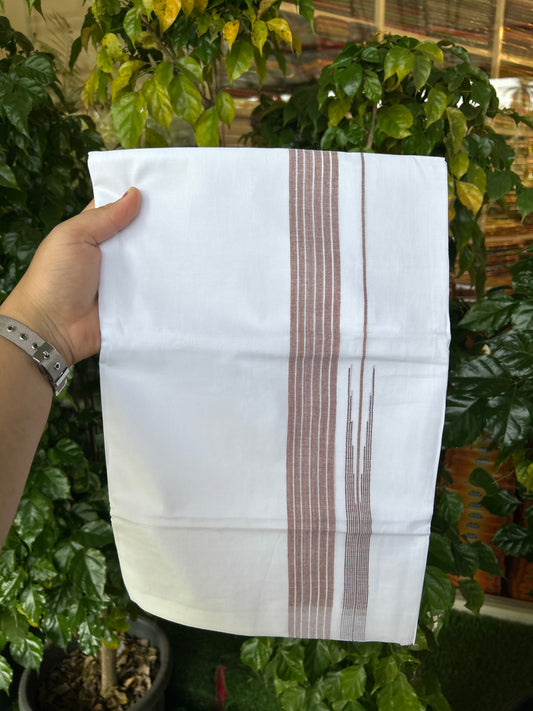 24% Discount! KaithariKada Balaramapuram 100% Cotton Pure white Double Mundu/Dhoti - (100x80)s - 1.5 inch Puliyilakkara Brown Stripes Chutty - 107 KK5258 THI