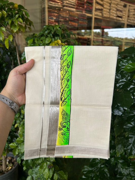 24% Discount! Hand Painted - KaithariKada 100% Cotton Double Off white - (Ubleached) Mundu / Dhoti - 100x80 1 inch Silver Kasavu & Hand Painted Krishna Flower - 7 KK5259 CKS