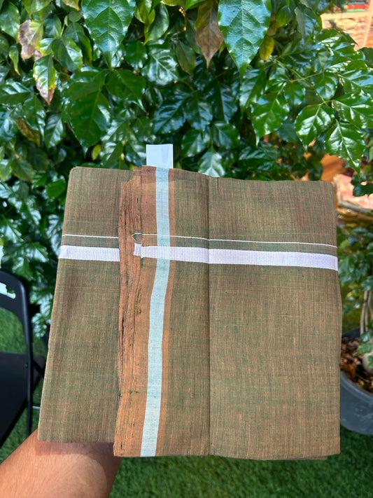 Handloom Single Hallmarked - 10% Discount !! KaithariKada 100% Pure Cotton - Mundu/Dhoti Dark Sage Green White 0.5 inch Kara- (2 meter / 4 muzham)- 7 KK8030 ELA