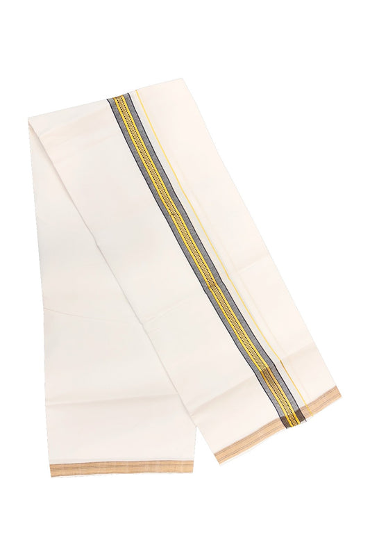 30% OFFER! KaithariKada 100% Cotton Balaramapuram HANDLOOM Single  PURE WHITE Mundu/Dhoti - 2inch (2 meter / 4 muzham) Black Kasavu Kara & Stripes - 7KAI.