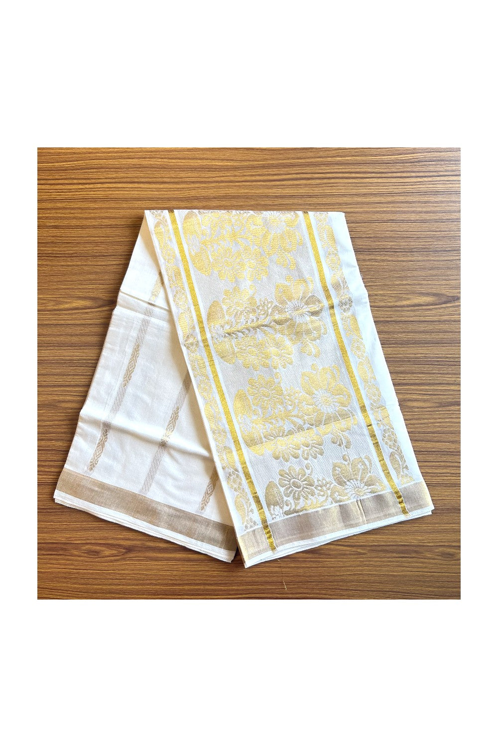 23% Discount!!! Kaitharikada Kerala Cotton Saree Off white - 28 inch Kasav Zari with Flower Pattern Putta Design- 7KK1002JEE