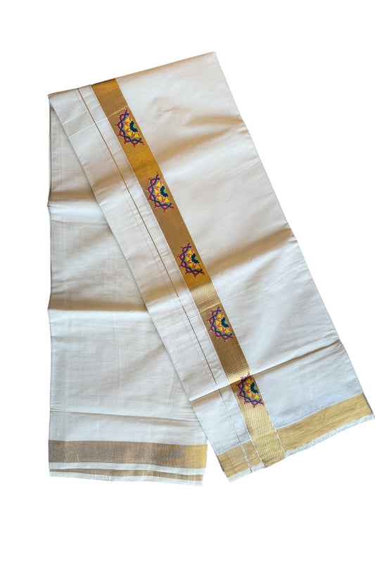 20% Discount !! KaithariKada Balaramapuram Mixed Cotton Double Off white - (Unbleached) Mundu/Dhoti-80x72-  Printed  Kasavu Flower Design - 7KK207PMC