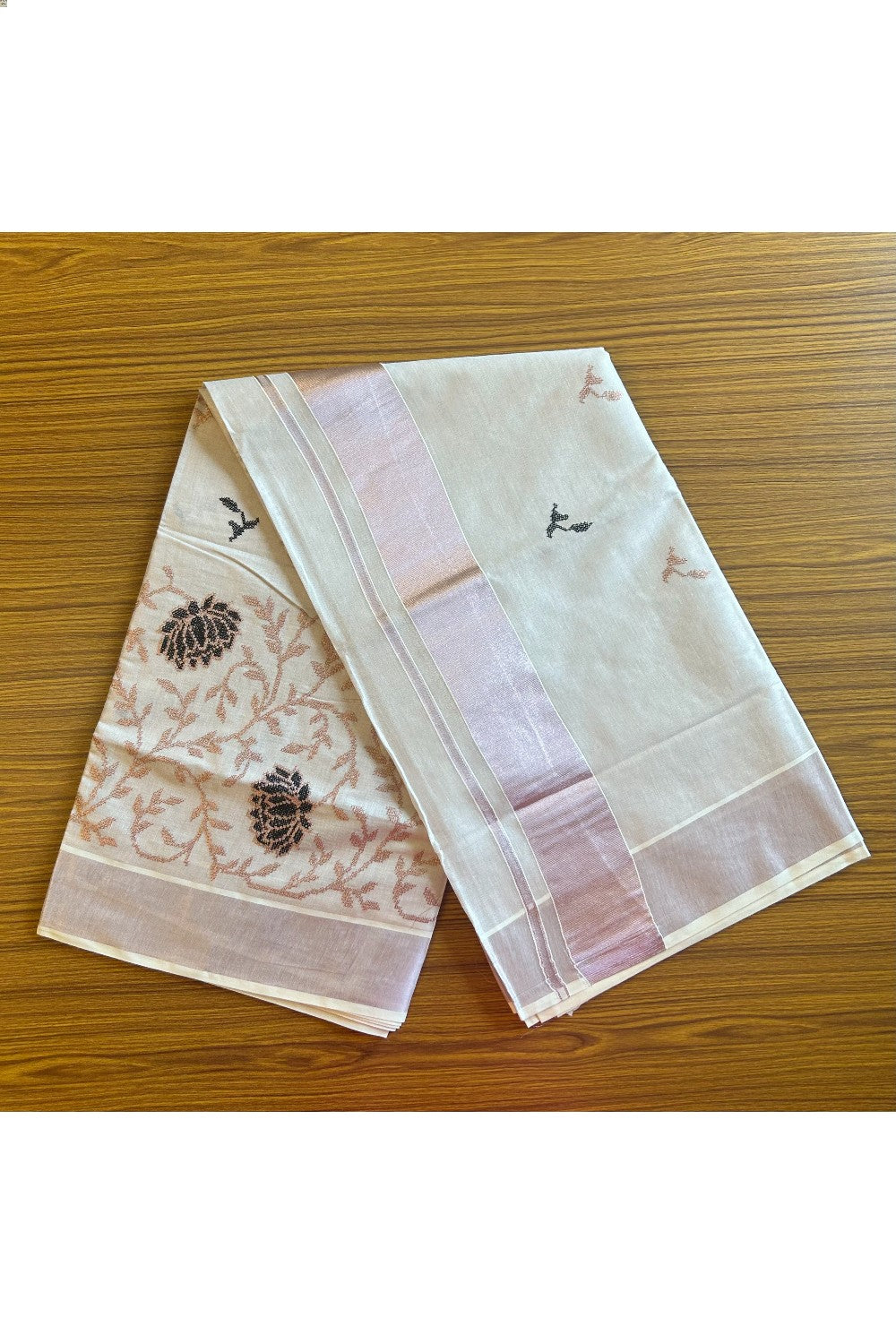 25% Discount! Kaitharikada Kerala Saree - Kasavu Tissue -  Kasavu Zari Floral Embroidery- 7KK300VIN