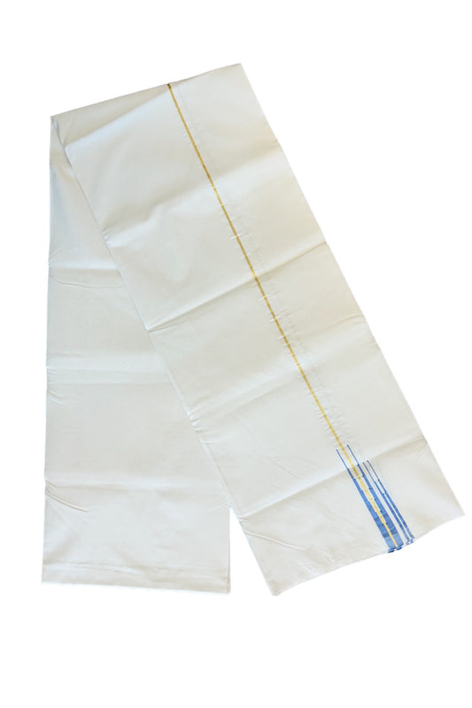 28% DISCOUNT ! KaithariKada Balaramapuram 100%  COTTON SINGLE OFF WHITE - (Unbleached) Mundu/Dhoti-100X100- 0.75 inch (2 meter / 4 muzham) double Blue chutty - 7KK405ASH