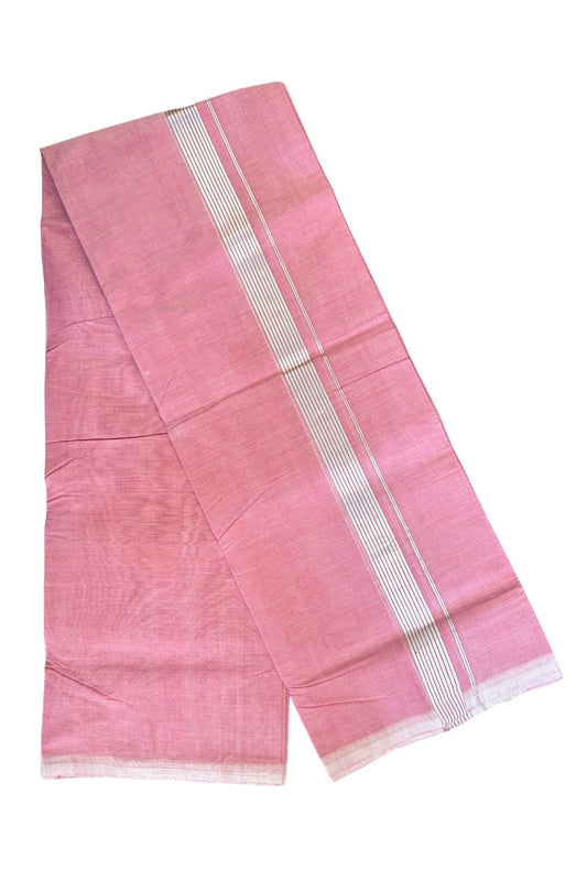 25% Discount! KaithariKada Handloom 100% Cotton Double Mundu/Dhoti - Pink Colour Body & Silver Striped 1.75inch Kara 3.80 mtr (8 Muzham) - 7KK452SOM