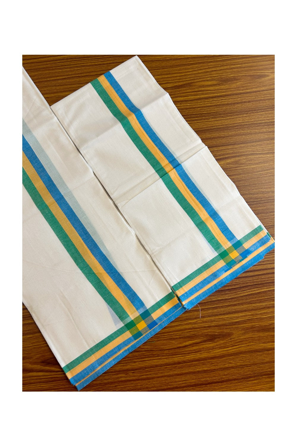 15% Discount!! KaithariKada - Kerala Cotton Single Set Mundu - EXTRA LENGTH -Blue, Yellow & Green Stripes Mulloth Kara- 7KK472CKA