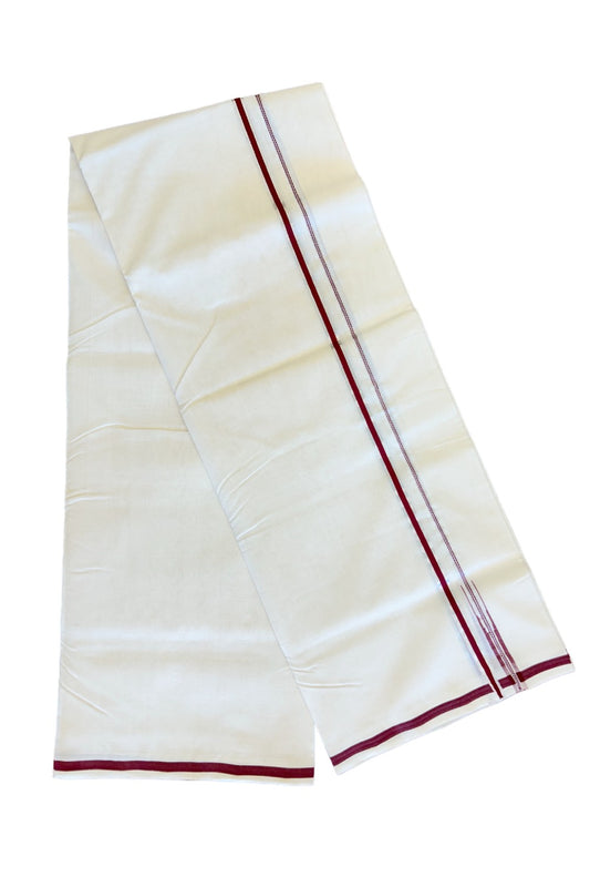 23% DISCOUNT!! KaithariKada HANDLOOM UNAKKUPAAV Balaramapuram - 100% PURE Cotton OFF White - (Unbleached) Double Mundu/Dothi - 1.5 cm Maroon & silver Puliyilakkara chutty - 7KK476RAM