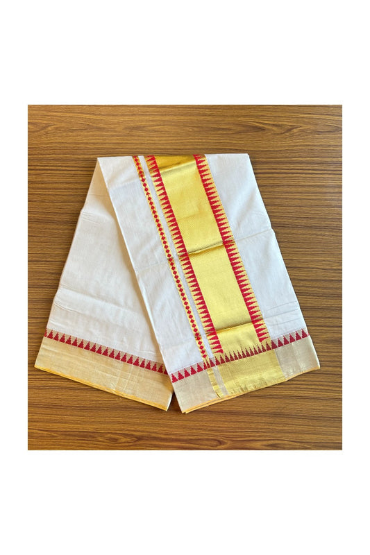 KaithariKada HANDLOOM UNAKKUPAAV Balaramapuram Kerala Saree for Women - 100% PURE Cotton - 6.5 inch Red & Gold Temple Design Kasavu Kara - 1.