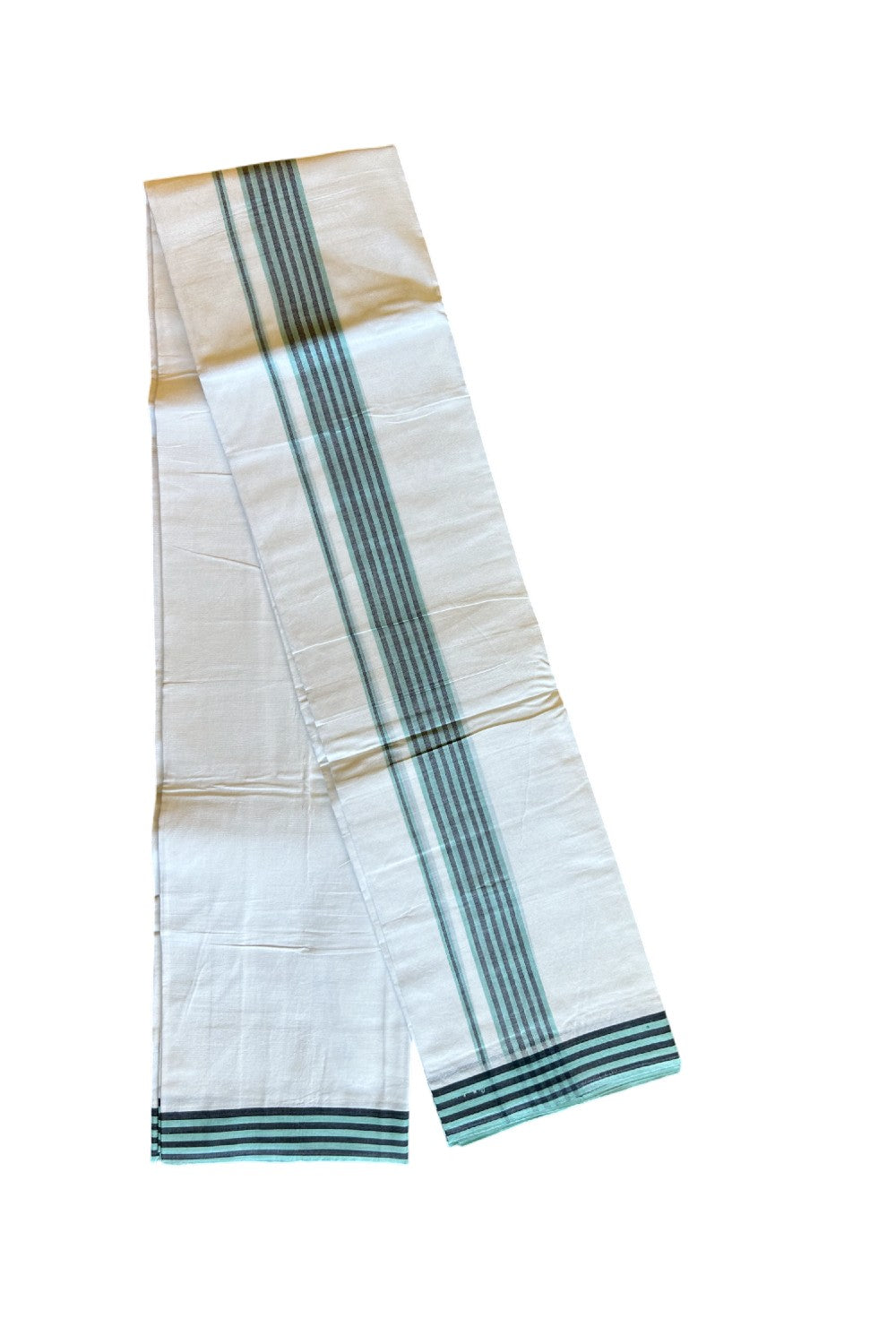 29% DISCOUNT! KaithariKada Balaramapuram 100% Cotton PURE WHITE Double Mundu/Dhoti-100x100 2. inch Turqouise & Black Stripes Cotton kara 3.70m- 7KK493RAM