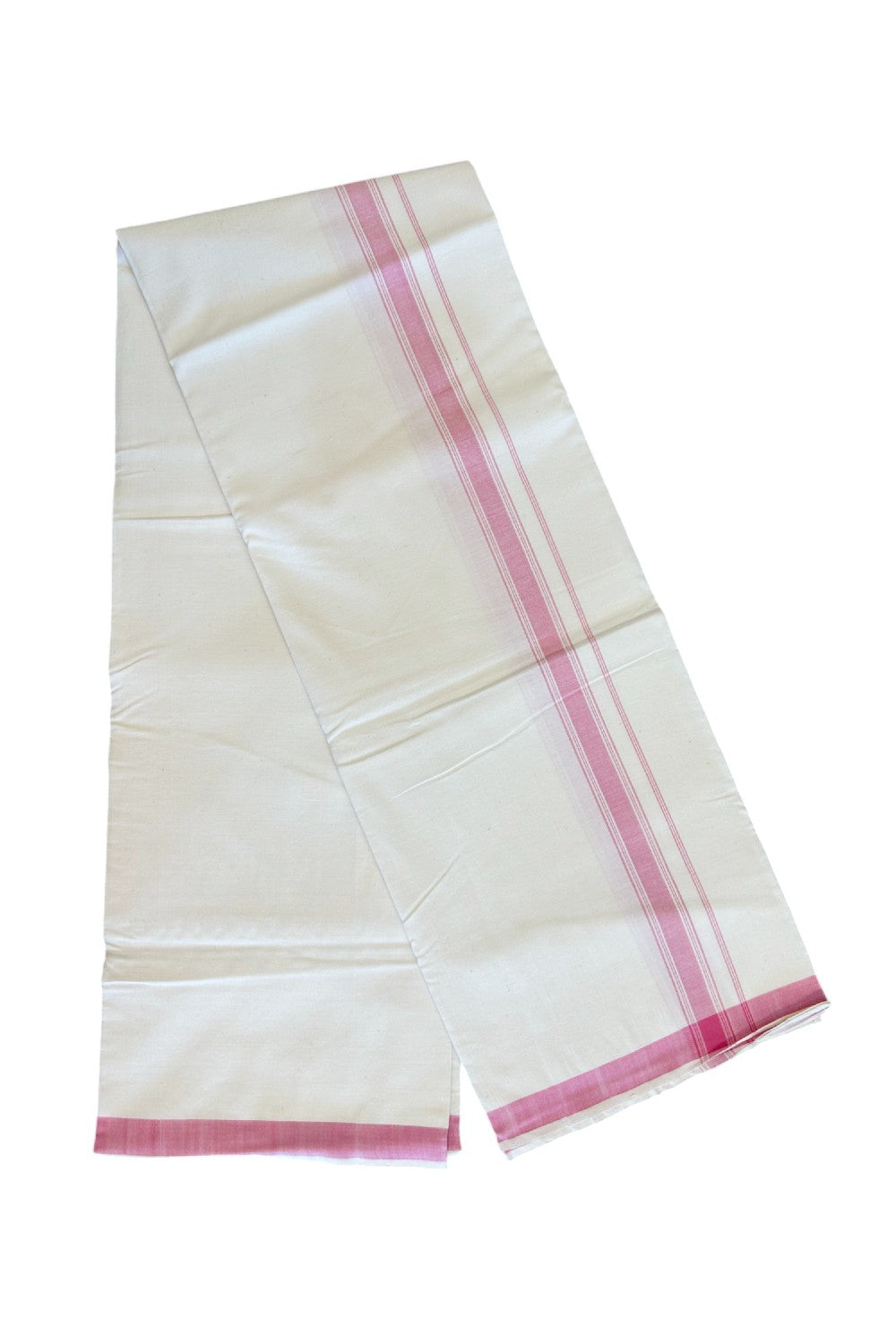 30% Discount KaithariKada 100% Cotton Balaramapuram HANDLOOM Single Mundu/Dhoti - Off White - (Unbleached) 1.75 inch Pink Stripes Kara (2 meter / 4 muzham) - 7KK499KK