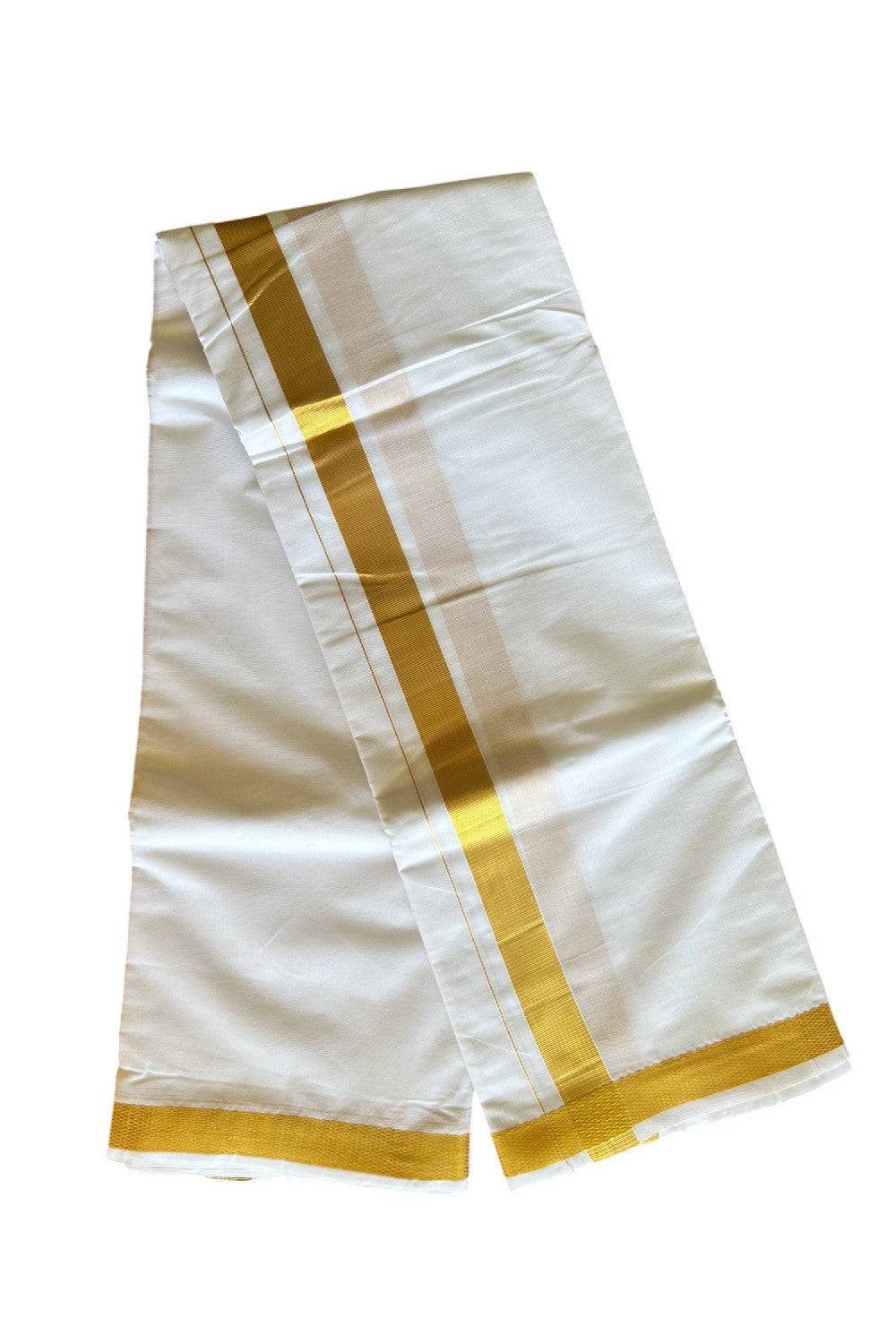 15% DISCOUNT! KaithariKada Cotton Mix - PURE White - 80x80 thread - 80% Cotton & 20% Polyester -NORTH INDIAN - ATTACHED GAMCHA 9X5 Dhoti- Gold KASAVU 1.75 inch & Border - 9KK5008PMC