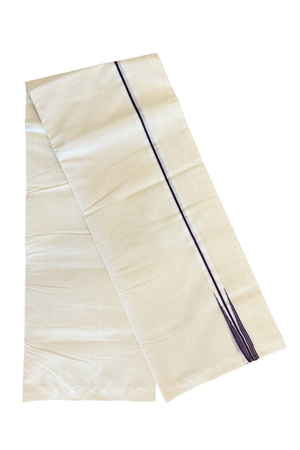 30% DISCOUNT!! KaithariKada HANDLOOM Millpaav Balaramapuram - 100% PURE Cotton OFF White - (Unbleached) Double Mundu/Dothi -1 inch Puliyilakkara silver kasavu & Vine Purple Striped Chutty - 7KK5011RAM