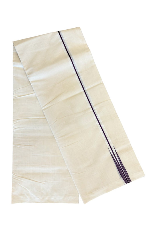 30% DISCOUNT!! KaithariKada HANDLOOM Millpaav Balaramapuram - 100% PURE Cotton OFF White - (Unbleached) Double Mundu/Dothi -1 inch Puliyilakkara silver kasavu & Vine Purple Striped Chutty - 7KK5011RAM