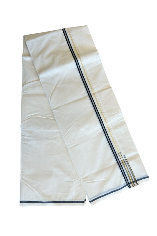 21% Discount!!! KaithariKada Balaramapuram 100% Cotton off white  Double - (Unbleached) Mundu/Dhoti-100x100  0.5 inch Double Puliyilakkara Chutty Black Stripes & Kasavu - 7KK5012ASH