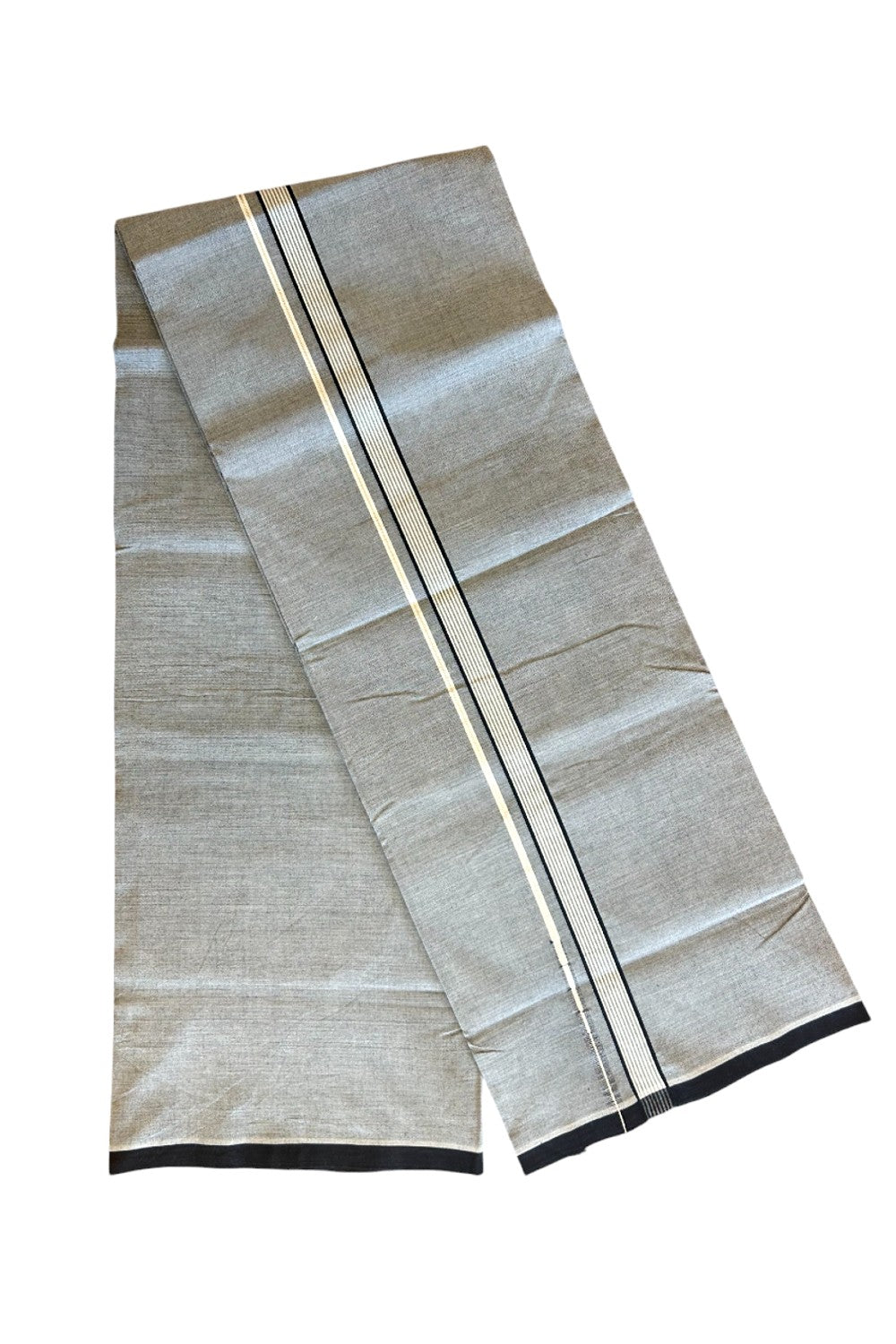 33% Discount !! KaithariKada 100% Pure Cotton - Colour Mundu Single Mundu/ Dhothi Ash Grey COLOUR BODY &  Black Striped Silver Chutty 1.25 inch Kara (2 metre / 4 muzham)- 7KK5030ASH