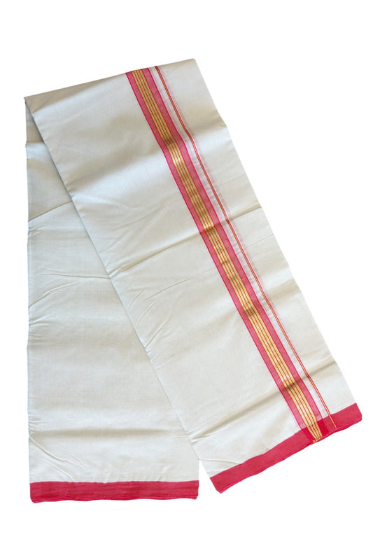 30% DISCOUNT! KaithariKada HANDLOOM Millpaav Balaramapuram - 100% PURE Cotton off white (Unbleached) Double Mundu/Dhoti -  1.75 inch Kasavu & Red+Pink Kara-134
