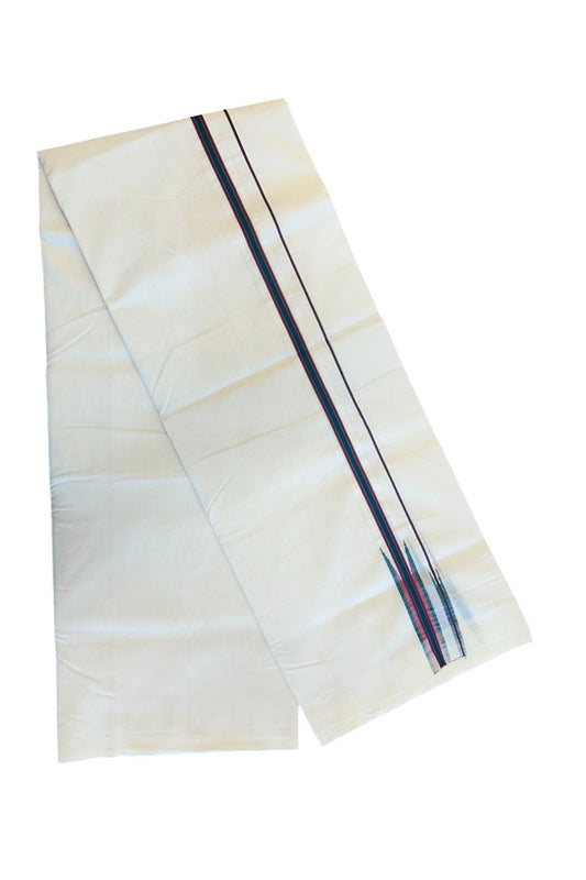 30% DISCOUNT!! KaithariKada HANDLOOM UNAKKUPAAV Balaramapuram - 100% PURE Cotton OFF White Double - (Unbleached) Mundu/Dothi - 1 inch Puliyilakkara Green & Red Stripes Double chutty - 7KK5049REA