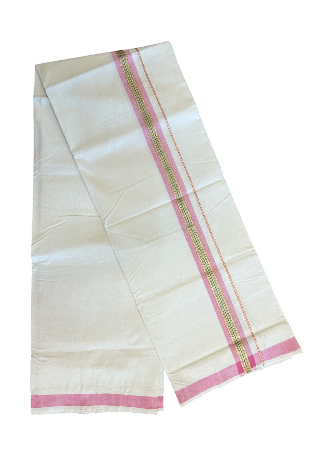 30% Discount KaithariKada 100% Cotton Balaramapuram HANDLOOM Single Mundu/Dhoti - Off White (Unbleached)  2inch (2 meter / 4 muzham) Pink + Blue & Kasavu Kara Stripes - 310