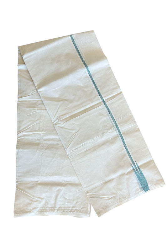 26% Discount! KaithariKada Balaramapuram 100% Cotton Double Off white - (Unbleached) Mundu/Dhoti-100X100 - 4 LINE BLUE GREEN STRIPES 1.5cm Kara.- 16.