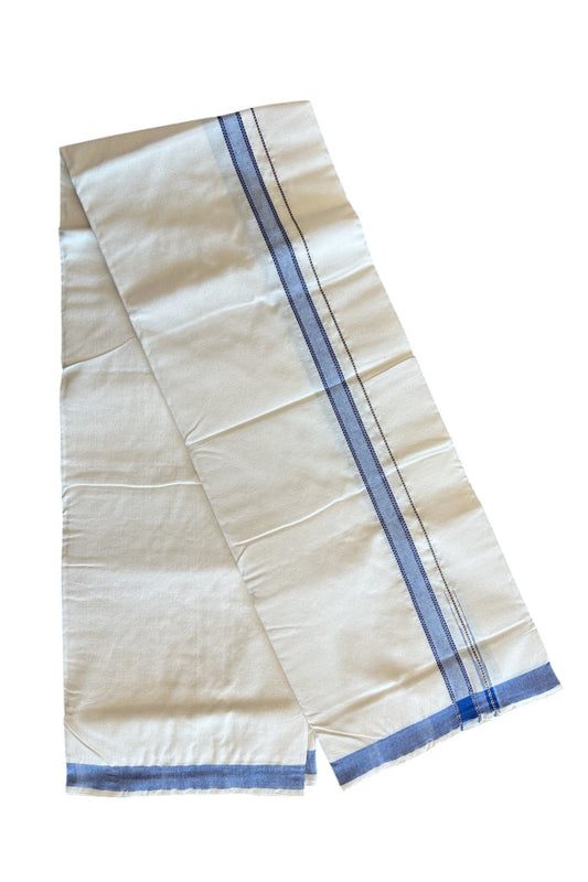 30% Discount ! KaithariKada 100% Cotton Balaramapuram HANDLOOM Single Mundu/Dhoti - Off White (Unbleached) 1.Inch (2 meter / 4 muzham) Blue Puliyilakkara Chutty- KAIH01.