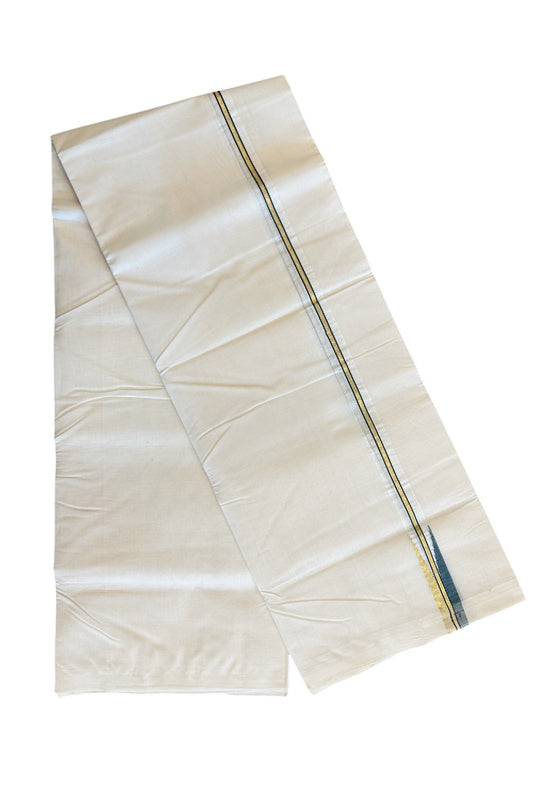 30% DISCOUNT!! KaithariKada HANDLOOM Millpaav Balaramapuram - 100% PURE Cotton OFF White (Unbleached) Double Mundu/Dothi -  Kasavu & dark green Puliyilakkara chutty - 15KK86RAM