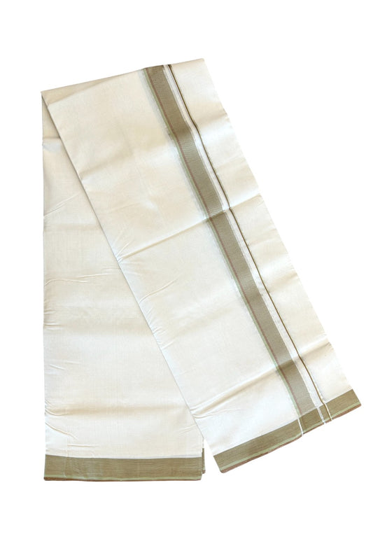 25% DISCOUNT!! KaithariKada HANDLOOM Unakkupaav Balaramapuram - 100% PURE Cotton OFF White - (Unbleached) Double Mundu/Dothi - 1.75 inch Green Brown & Silver striped pattern kara - 47KK403RAM