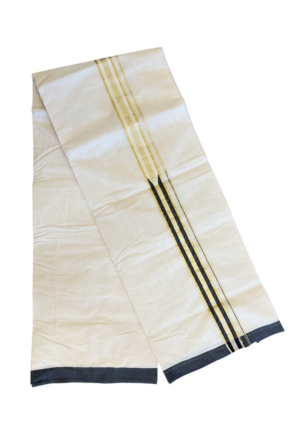 20% DISCOUNT! KaithariKada Balaramapuram 100% Cotton Double Off white - (Unbleached) Mundu/Dhoti-100x100 Chutty Heavy Designer Black & Kasavu 1.25 inch Kara- ASH019.