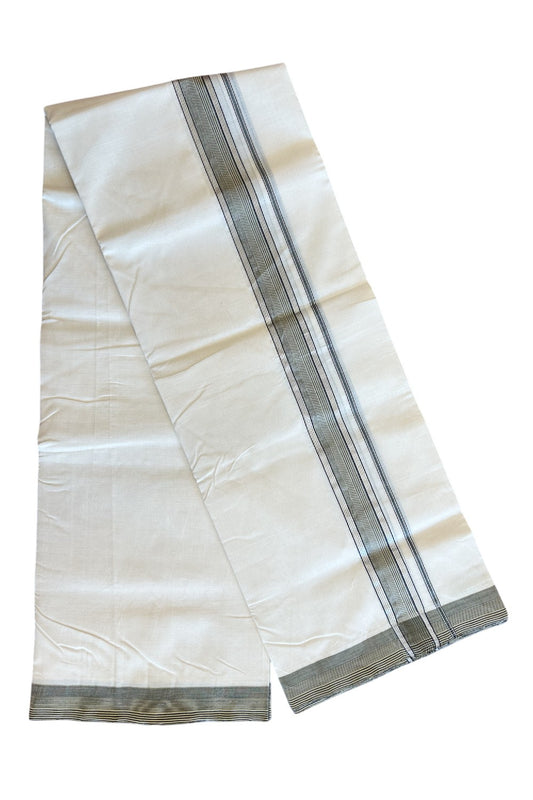 25% Discount !! KaithariKada HANDLOOM UNAKKUPAAV Balaramapuram - 100% PURE Cotton off white - (Unbleached) Double Mundu/Dhoti - 2.25 inch Silver kasavu Sand Brown & Black striped kara - 7KK5082RAM