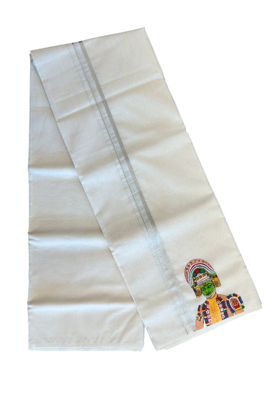 KaithariKada Balaramapuram 100% Cotton Double Off white - (Unbleached) Mundu/Dhoti-100x80 0.75 inch SILVER Kasavu & Hand Painted Ottam Thullal Design Kara 3.70 meter (8 Muzham) - 7KK5083ASH