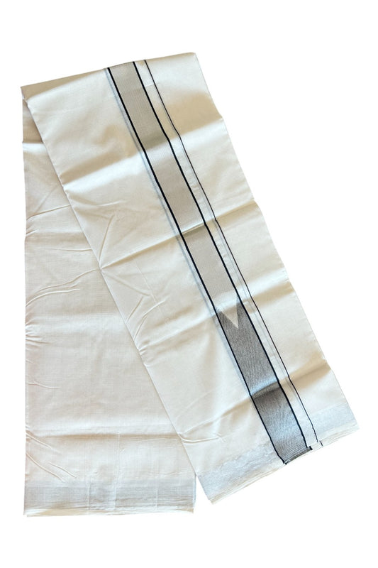 30% DISCOUNT!! KaithariKada HANDLOOM Unakkupaav Balaramapuram - 100% PURE Cotton Off White - (Unbleached) Double Mundu/Dhoti - 1.5 inch Silver Kasavu & Black heavy Chutty Kara- 6KK5089YAR