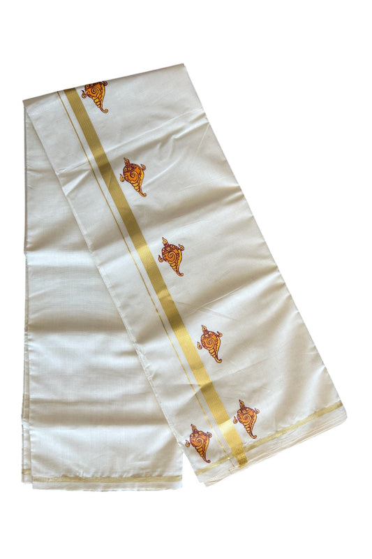 30% Discount!! KaithariKada HANDLOOM Millpaav Balaramapuram - 100% PURE Cotton OFF White - (Unbleached) Double Mundu/Dothi - 3 cm Kasavu kara Hand Painted Shankh Design - 7KK5091RAM