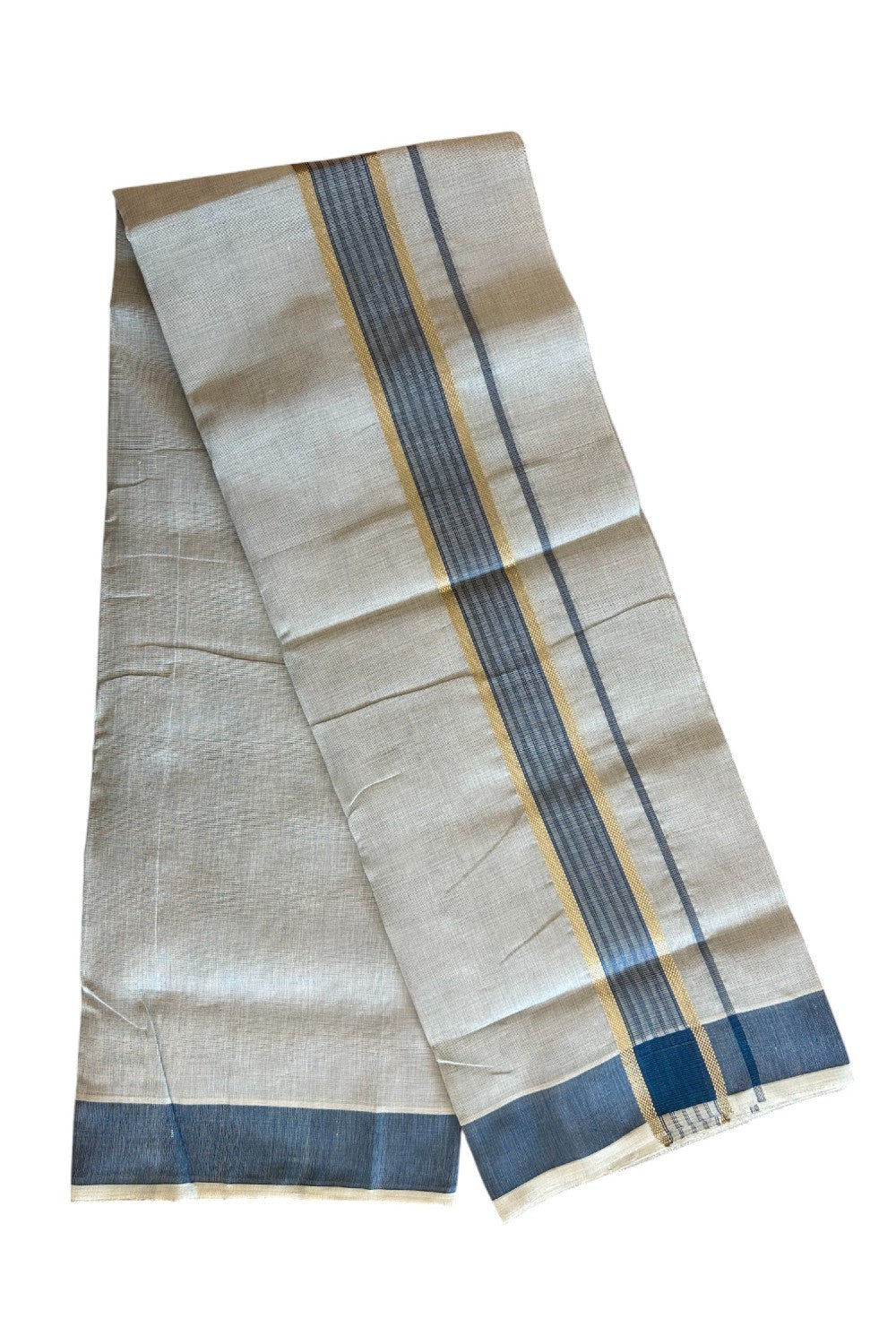 25% DISCOUNT! KaithariKada HANDLOOM Millpaav Balaramapuram - 100% PURE Cotton Off White (Unbleached) - Double Mundu/Dhoti - 3 inch Gold Kasavu Striped Kara & Blue Tissue Body- 7KK5105RAM