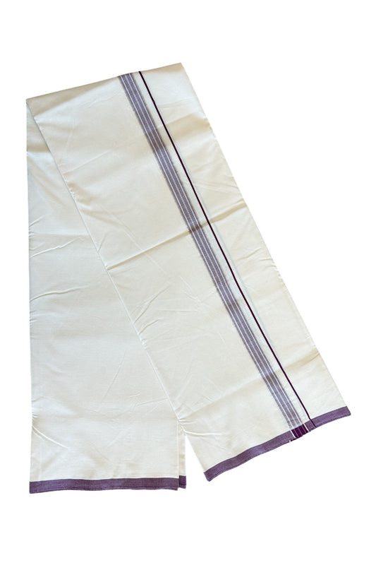 28% DISCOUNT ! KaithariKada Balaramapuram 100% COTTON SINGLE OFF WHITE - (Unbleached) Mundu/Dhoti-Twisted 100s Thread- 1.5 inch Shaded Wine Purple & Silver Striped Kara (2 meter / 4 muzham) - 7KK5120ASH