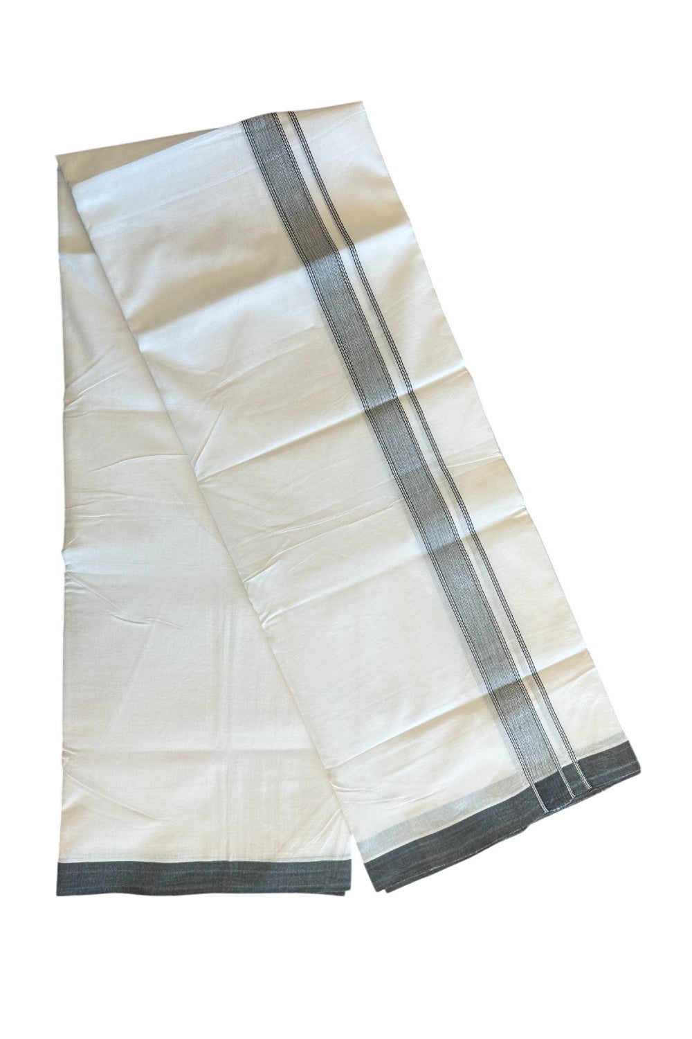 23% Discount ! KaithariKada Balaramapuram 100% Cotton Double PURE WHITE - Mundu/Dhoti- 100x80 - 1.75 inch Black Shaded Striped Kara.- 6KK5127ASH